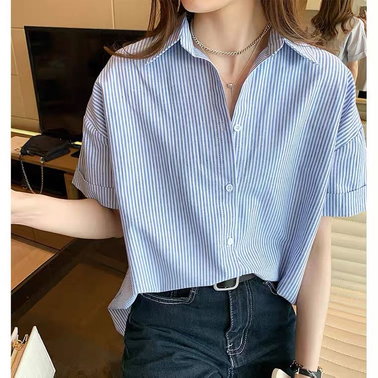 Striped shirt women's summer dress new Korean retro style top loose and versatile short sleeve base shirt fashion