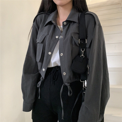 Korean chic retro Lapel single breasted loose drawstring waistband Multi Pocket long sleeve work jacket jacket for women