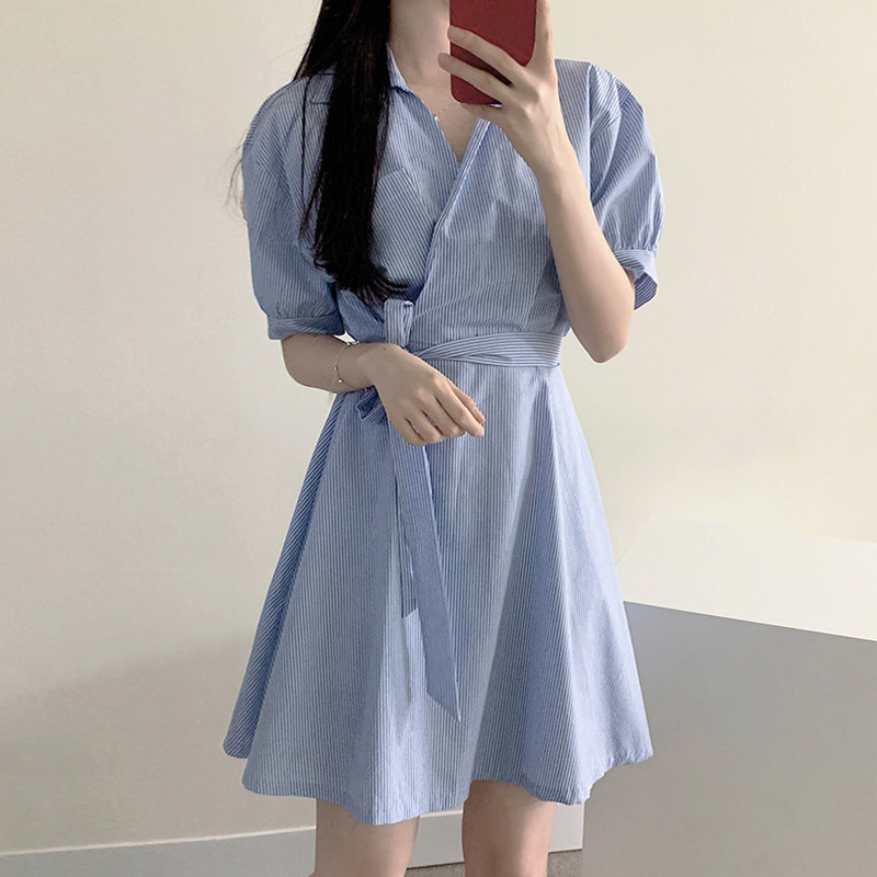 夏裝韓國復古港味顯瘦收腰系帶短袖條紋襯衫裙字連衣裙