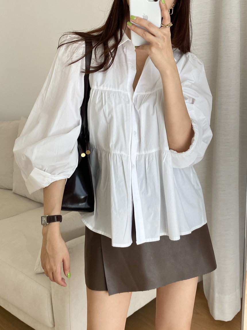 New loose pleated stitched Bubble Sleeve Shirt Top