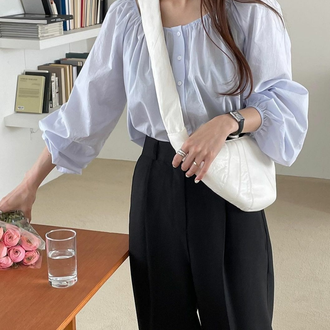 簡約減齡甜美泡泡袖馬卡龍色系鬆緊肩漏鎖骨防曬百搭褶皺襯衫