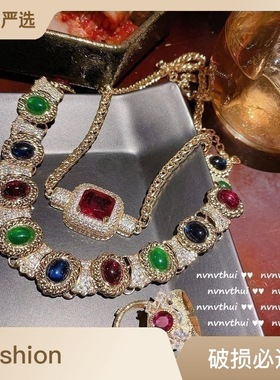 油画鸽血红长方石项链 古董感 镀18K金孔雀绿旦形锆石手链 中古