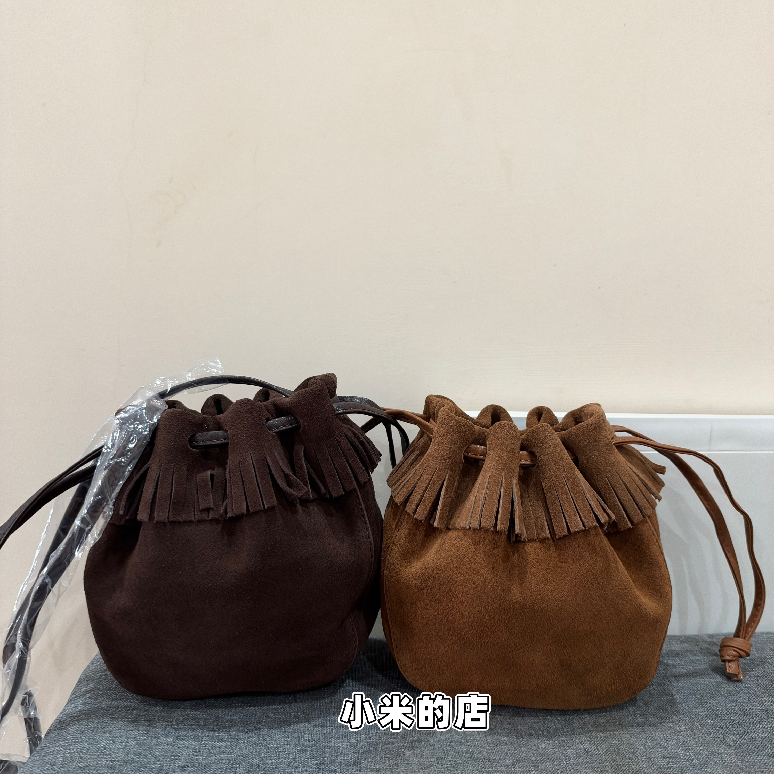 出口单 复古牛皮流苏抽绳小福袋女士包包秋冬迷你水桶包小众设计