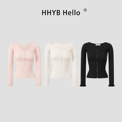 HHYB别来无恙 大V领长袖内搭打底针织衫女2025新款修身上衣M1391