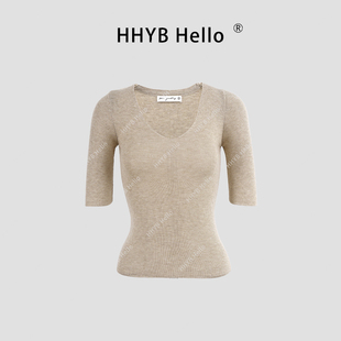 HHYB别来无恙 简约V领打底中袖针织衫修身显瘦气质上衣女M978