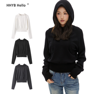 HHYB别来无恙 2025新款休闲插肩袖套头连帽毛衣短款针织上衣M1464