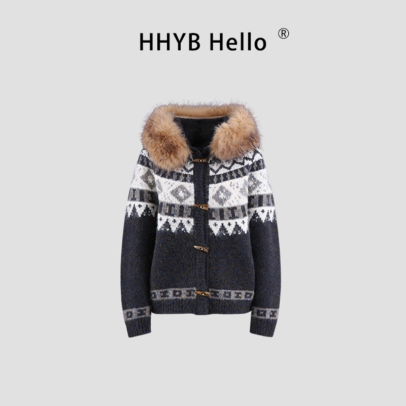 HHYB别来无恙 2025冬季可拆卸毛领牛角扣费尔岛连帽针织外套M1656