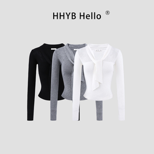 HHYB别来无恙 设计感飘带领半透修身针织衫女内搭打底上衣M1479