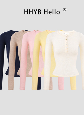 HHYB别来无恙 花边圆领长袖针织衫女气质修身显瘦软糯上衣M1671