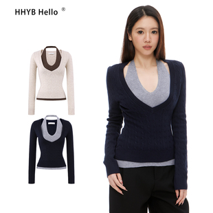 HHYB别来无恙 撞色挂脖V领假两件修身针织衫女百搭打底上衣M1427