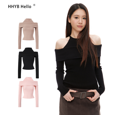 HHYB别来无恙 假两件一字肩针织衫毛衣女秋冬修身露肩上衣M1366