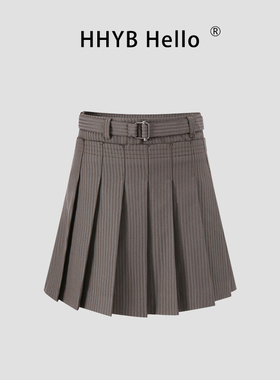HHYB别来无恙 新款可调节撞色腰带百褶短裙复古气质半身裙H40033