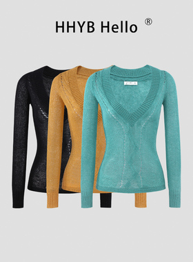 HHYB别来无恙 镂空亮片设计绞花针织衫V领气质修身上衣女M1702