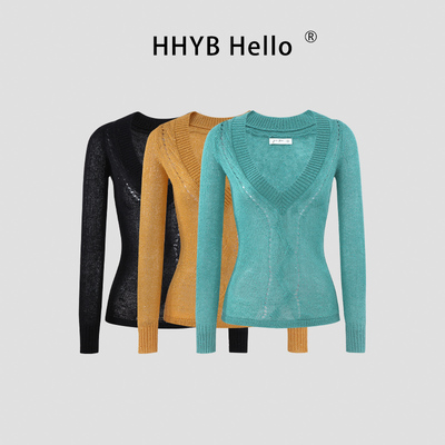 HHYB别来无恙 镂空亮片设计绞花针织衫V领气质修身上衣女M1702