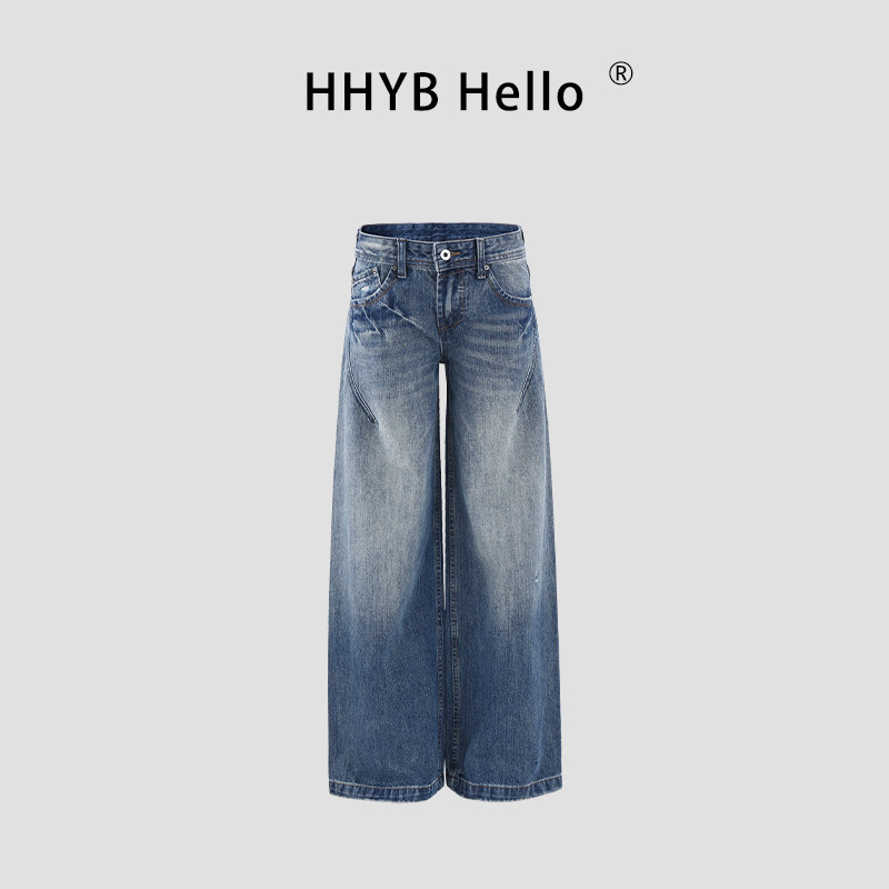 HHYB别来无恙 复古做旧水洗猫须中低腰牛仔裤宽松直筒裤女Q264022