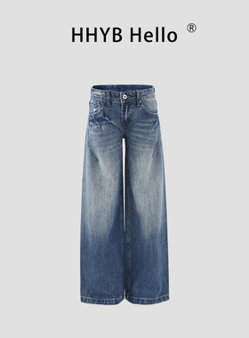 HHYB别来无恙 复古做旧水洗猫须中低腰牛仔裤宽松直筒裤女Q264022