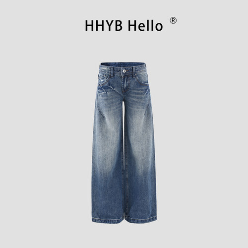 HHYB别来无恙 复古做旧水洗猫须中低腰牛仔裤宽松直筒裤女Q264022