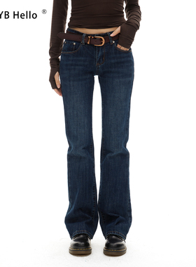 HHYB别来无恙 戴文青木低腰微弹水洗复古简约猫纹牛仔裤 Q254023