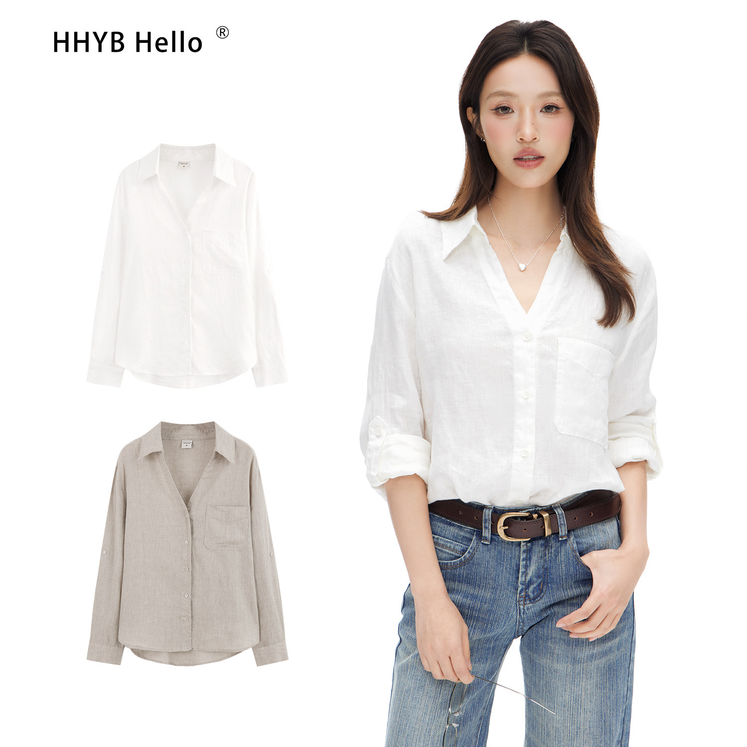 HHYB别来无恙 2025新款简约百搭V领纯色系长袖女原麻衬衫Q252004