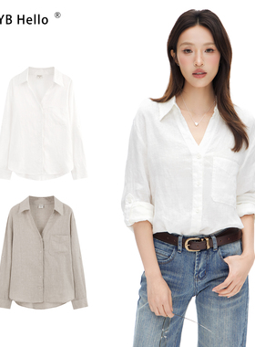 HHYB别来无恙 简约百搭V领纯色系长袖原麻白色衬衫女休闲Q252004