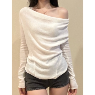 HHYB别来无恙 一字肩荡领修身针织衫女初秋慵懒防晒罩衫上衣M568