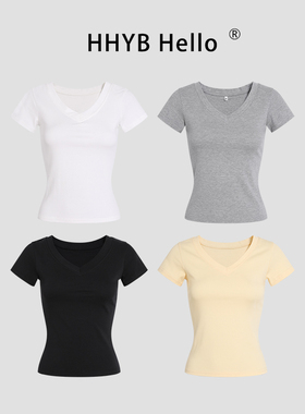 HHYB别来无恙 独特正肩V领修身短袖T恤2025夏新款韩系上衣250196
