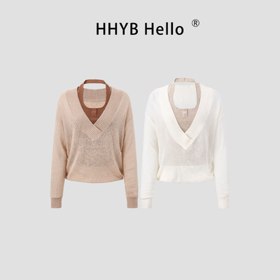 HHYB别来无恙 韩版宽松显瘦百搭挂脖假两件马海毛针织衫女M1496