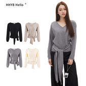 HHYB别来无恙 上衣女M1602 百搭显瘦系带长袖 气质V领毛针织衫 时尚