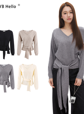 HHYB别来无恙 气质V领毛针织衫时尚百搭显瘦系带长袖上衣女M1602
