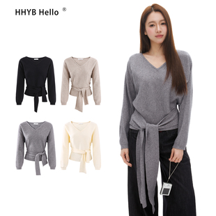 HHYB别来无恙 气质V领毛针织衫时尚百搭显瘦系带长袖上衣女M1602