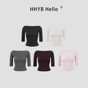 HHYB别来无恙 韩系别致一字领修身中袖T恤2025新款短款上衣250648