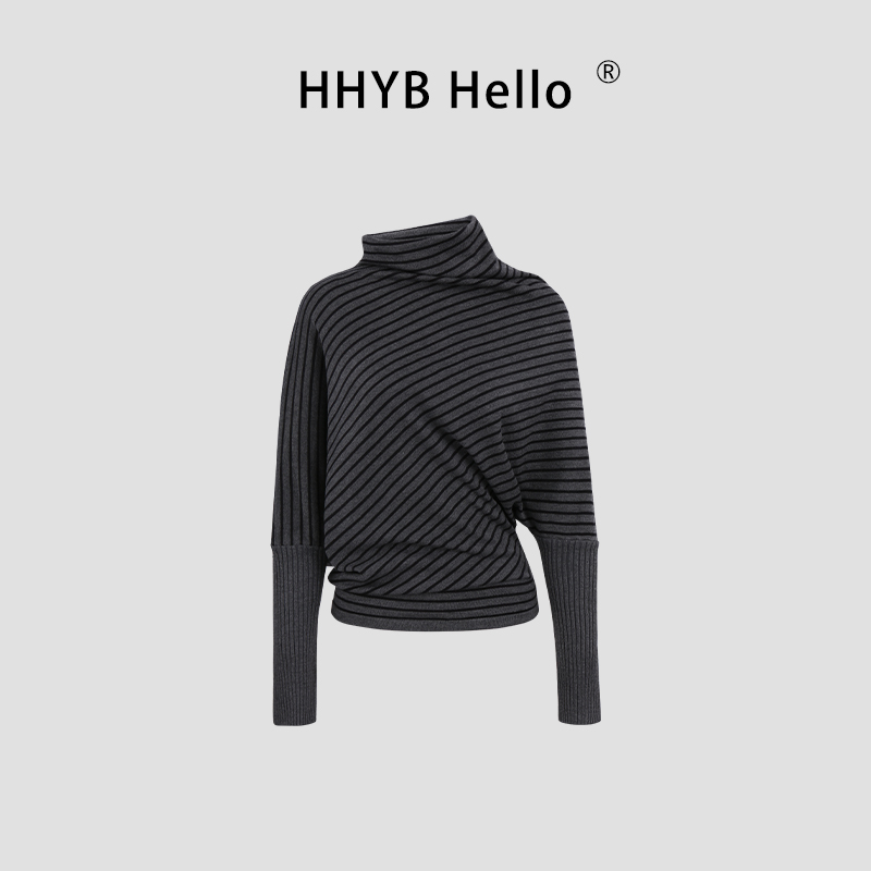HHYB别来无恙 条纹针织收腰蝙蝠袖毛衣慵懒高级感套头上衣女M1536