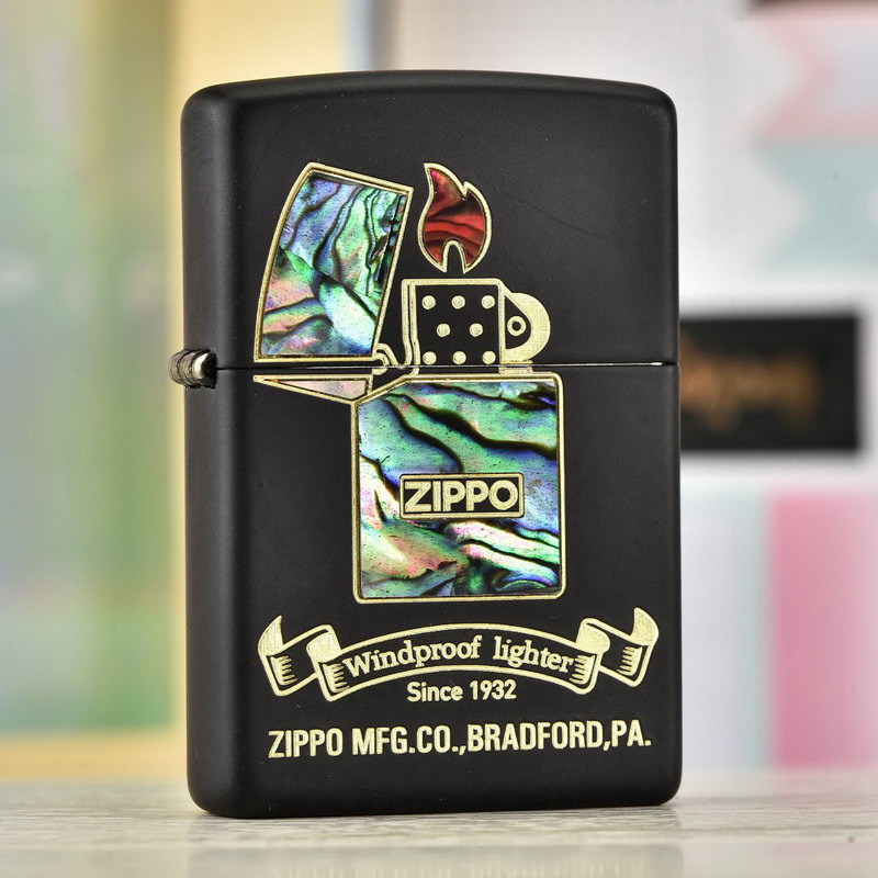 美国原装正品ZIPPO防风打火机DIY版天然贝壳镶嵌芝宝起源 火焰 黑