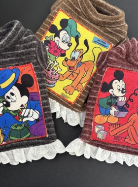 米奇宠物衣服复古条纹米奇惊喜满格黑色印花卡通比熊雪纳瑞背心