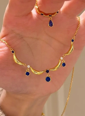 格调 爆款古法琉璃工艺花边蓝色水滴系列法式复古蓝宝石流苏项链