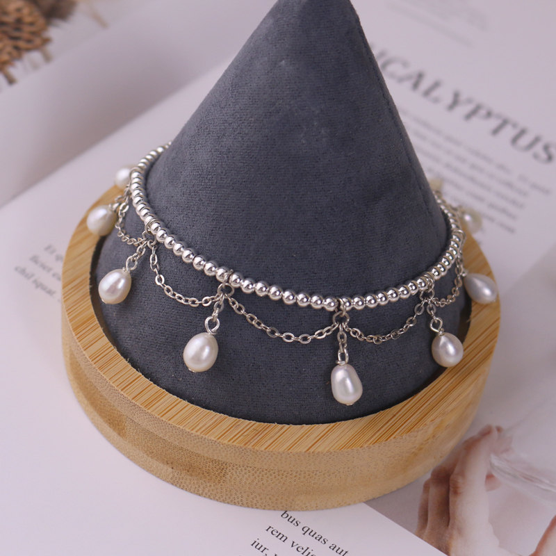 S925纯银脚链淡水珍珠蕾丝水滴唯美轻奢新中式女款礼物原创手工银