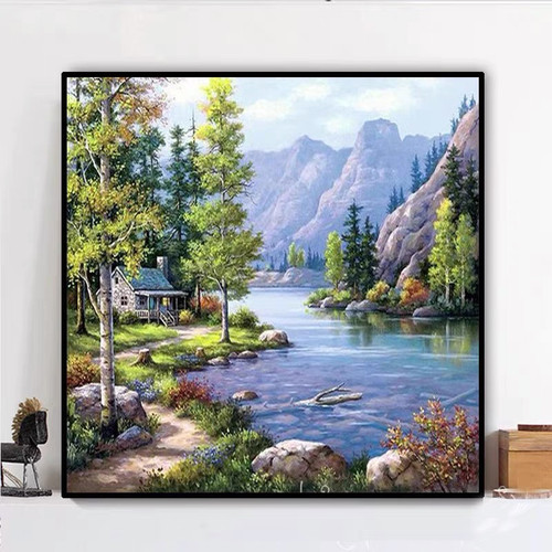 新款印花正品DMC十字绣客厅卧室餐厅玄关山水风景画森林湖边小屋