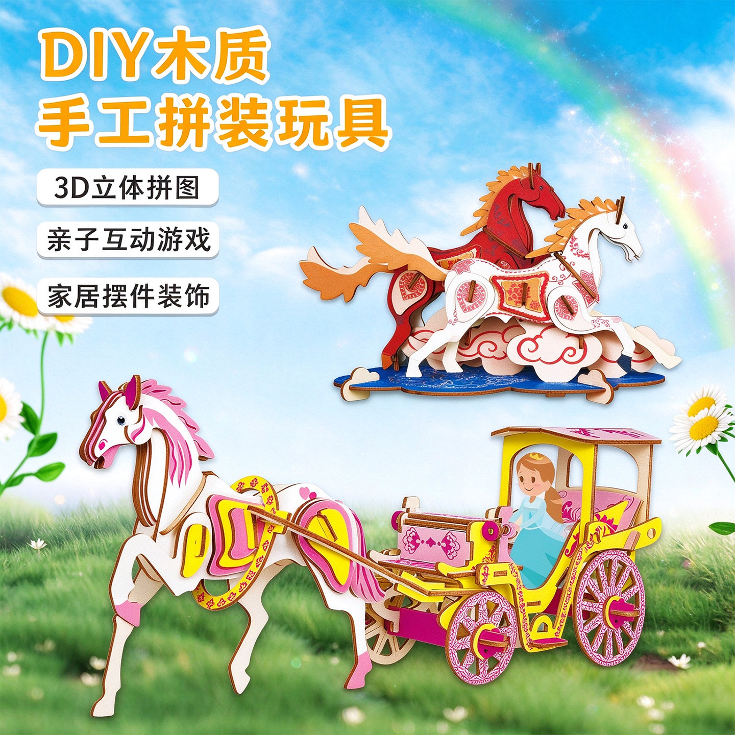 木质立体拼图马车摆件积木模型 儿童益智手工DIY亲子互动拼装玩具