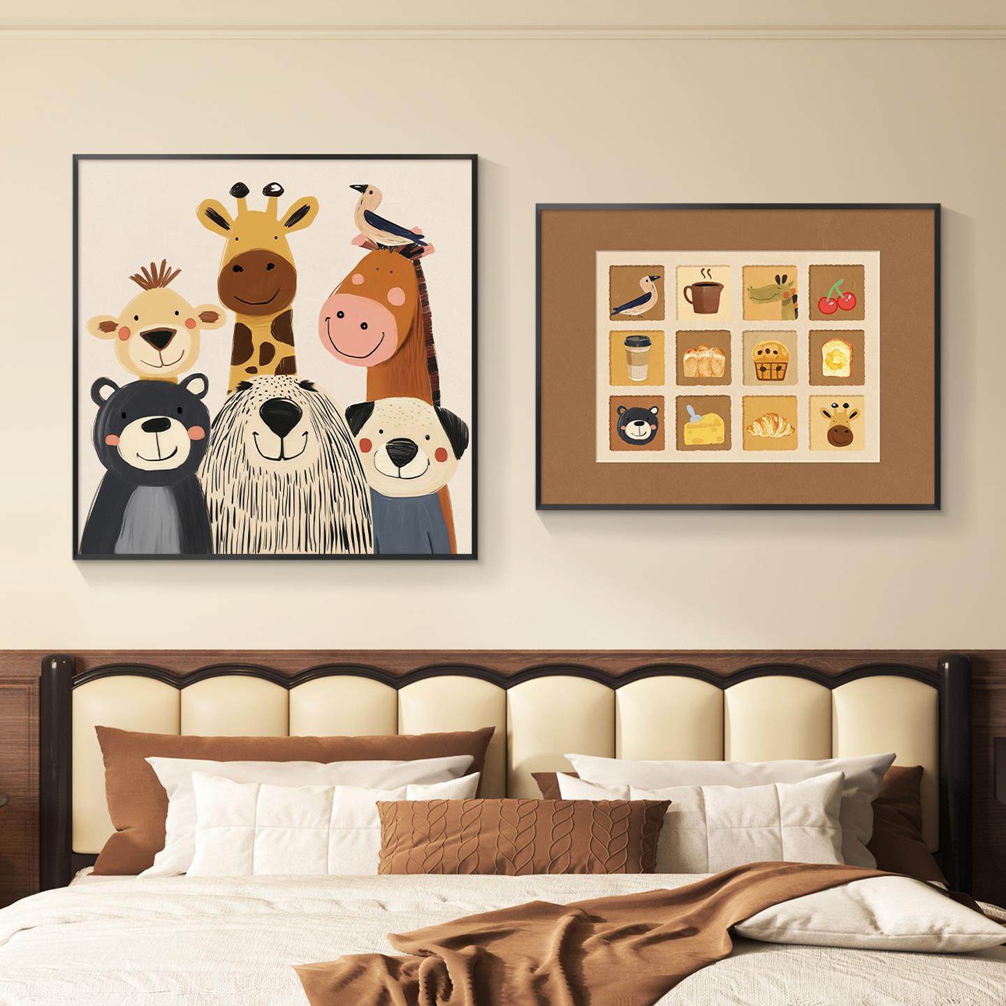 轻奢儿童房装饰画卡通动漫动物房间卧室挂画壁画简约现代高级感