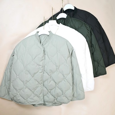 女士秋冬新款轻薄针织螺纹棒球服领子宽松绗缝羽绒服外套