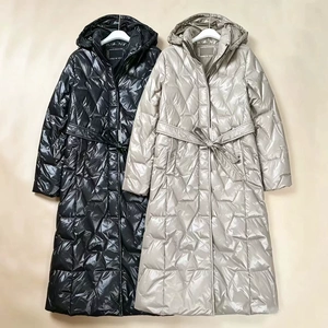 女士美系K尔  保暖白鸭绒绗缝可脱卸帽中长羽绒服