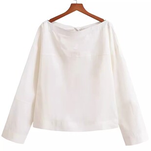 衬衫 女士宽松大码 春秋后背系带简约气质船领他麻混纺长袖