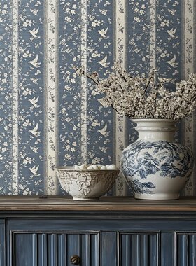 美式复古蓝色花鸟Dorothea Wallpaper设计师推荐书房卧室满铺壁纸