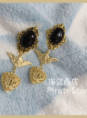 复古 vintage镂空爱心黑宝石小天使耳环Lolta优雅cla造型个性礼服