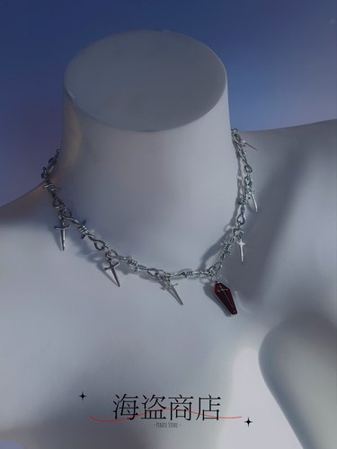赤棺 暗黑哥特荆棘项链十字剑红色棺木十字架 朋克辣妹y2k百搭