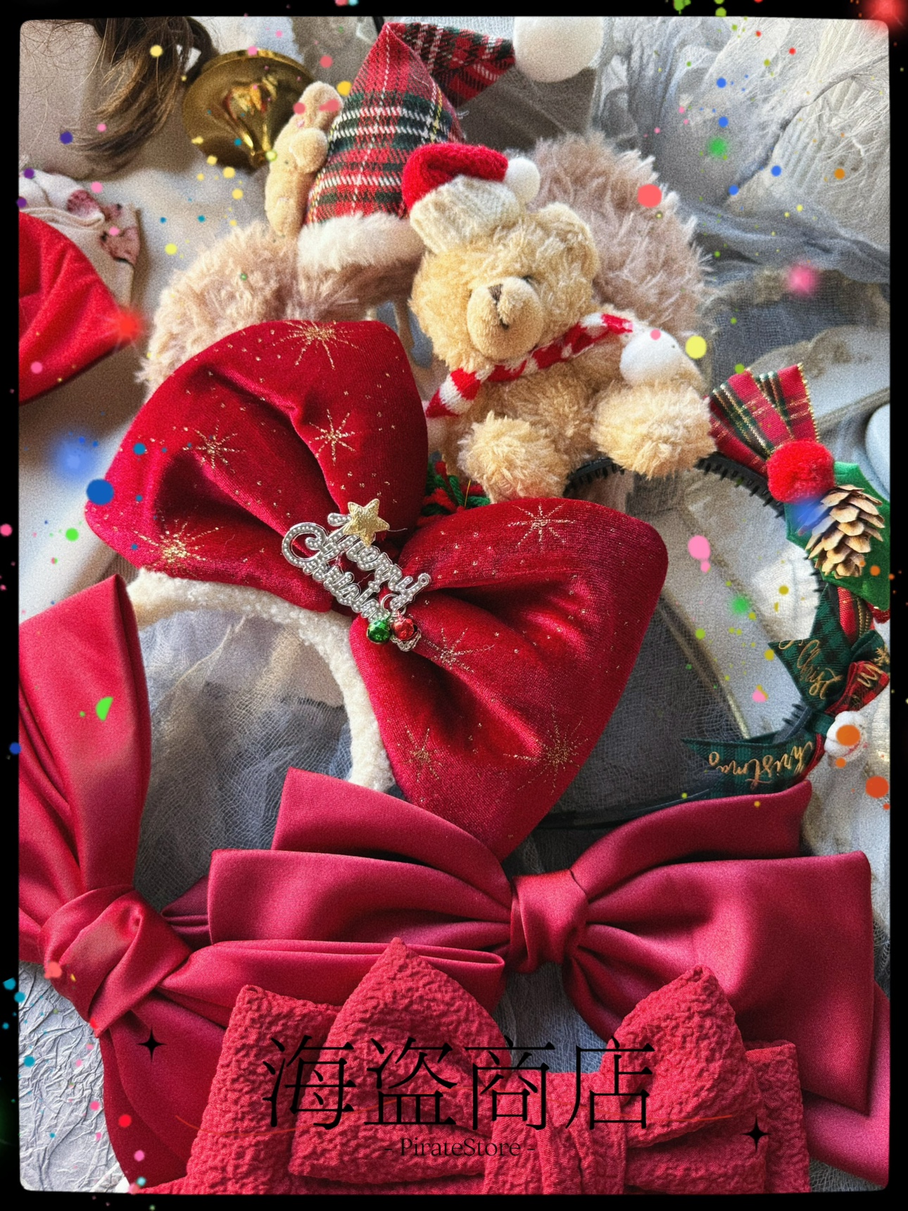 圣诞小熊发箍装饰蝴蝶结头箍迪士尼拍照道具新年品红色可爱日常