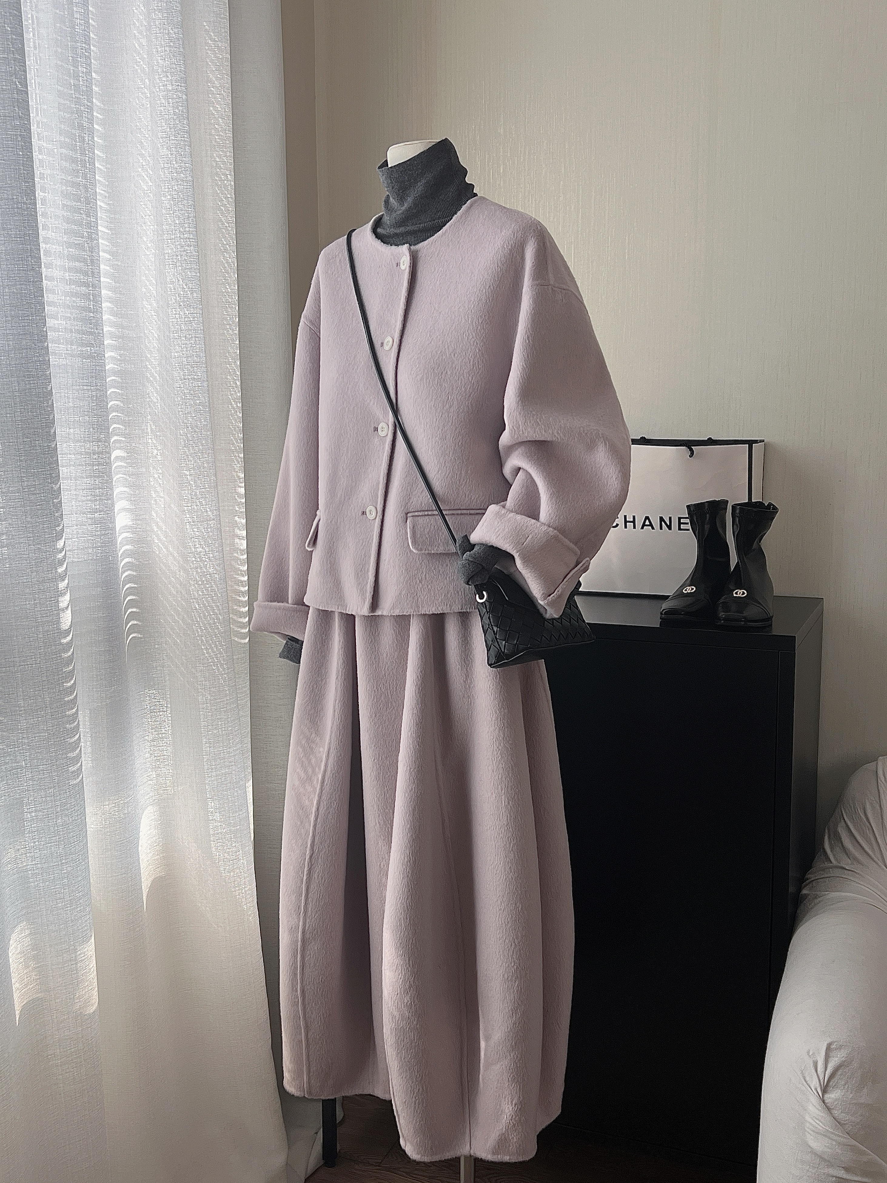 THENCE“迷雾紫”韩系气质简约羊毛羊绒外套半裙套装2025秋冬新款