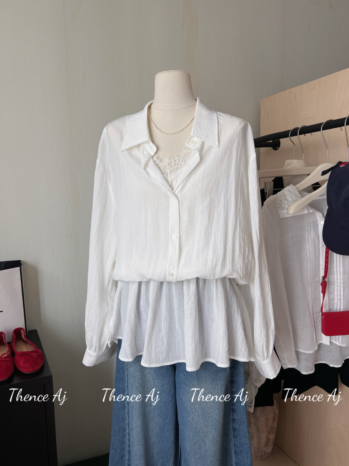 THENCE韩系简约纯色设计感蕾丝拼接衬衫女2026假两件百搭长袖上衣