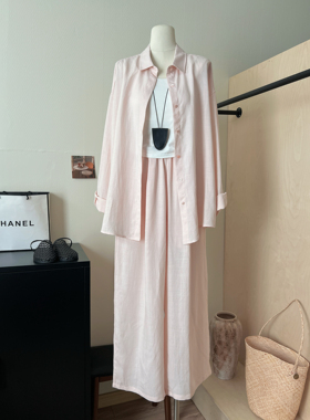 THENCE“粉红芭乐”韩系简约衬衫裤子套装女2026春夏天丝苎麻衬衣