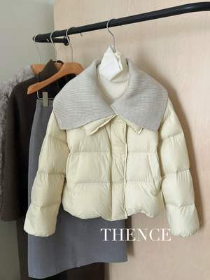 THENCE“奶黄包”韩系简约秋冬可拆卸针织大翻领羽绒服短款外套女